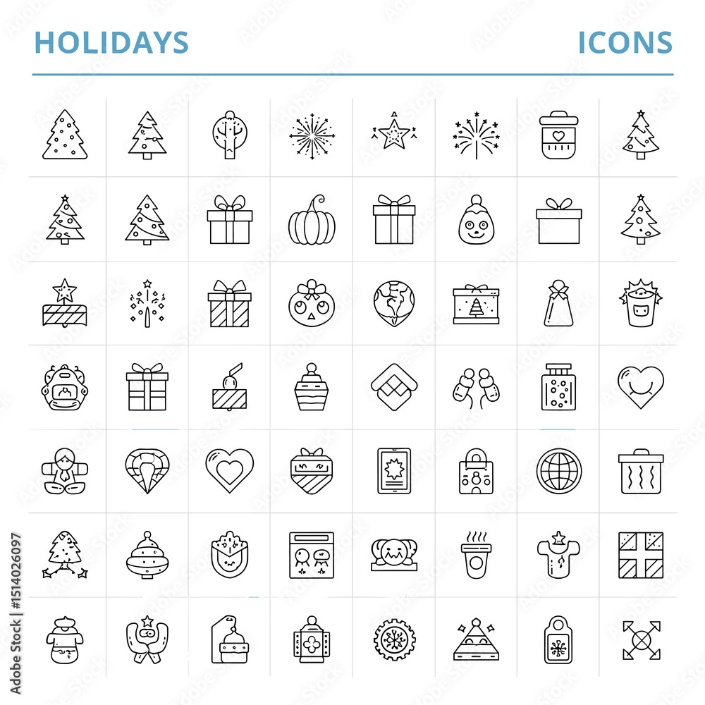 Holidays Icons Set: A collection of holiday-themed line icons, perfect for adding festive flair to your design. Holidays Icons Set: A collection of holiday-themed line icons, perfect for adding festive flair to your design.