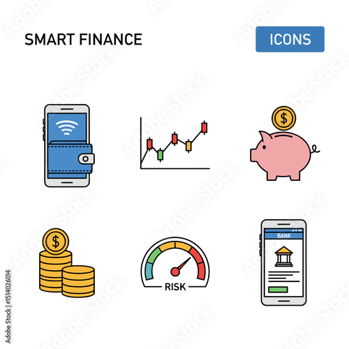 Smart Finance Icon Set: A clean, modern illustration showcases essential financial elements: a digital wallet, insightful charts, a piggy bank, and a gauge indicating risk assessment.