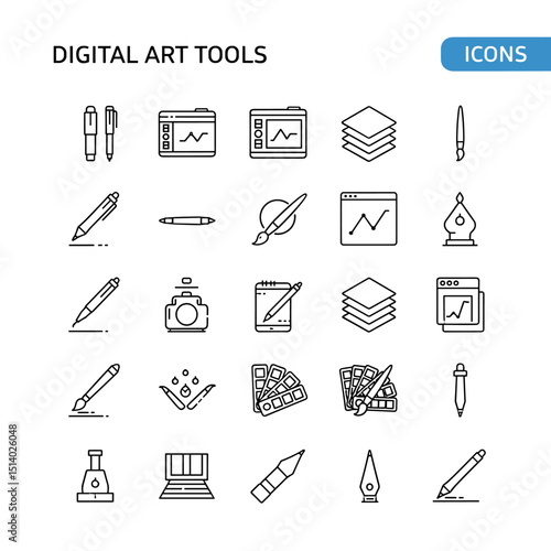 Digital Art Tools: A collection of simple, elegant icons depicting essential digital art tools, perfect for designers and digital artists alike.