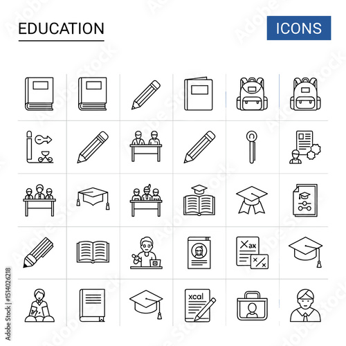Line art Education Icons Set: A modern collection of line art icons representing various aspects of education, including books, pencils, students, graduation caps, and more.