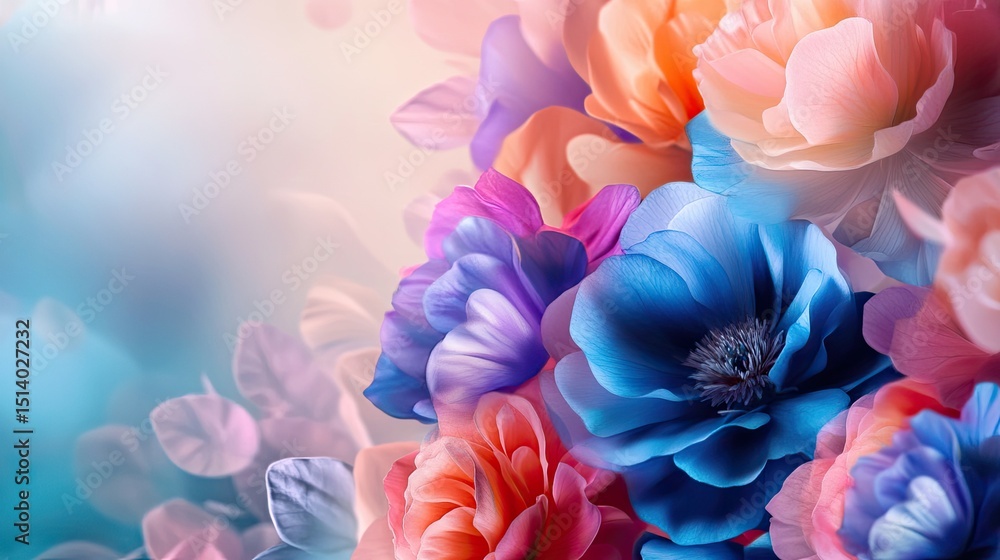 A vibrant floral arrangement with blue, pink, and other colors, set against a dynamic background of soft gradients and detailed petals A vibrant floral arrangement with blue, pink, and other colors, set against a dynamic background of soft gradients and detailed petals