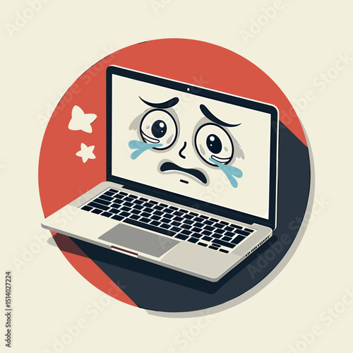 Cartoon laptop with sad face and tears on red background  