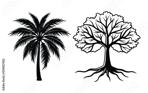 Tropical beach sunset illustration featuring a vector silhouette of a palm tree, part of a set of trees, against a summer skyTropical beach sunset illustration featuring a vector silhouette of a palm 
