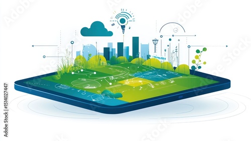 Futuristic city landscape on a tablet