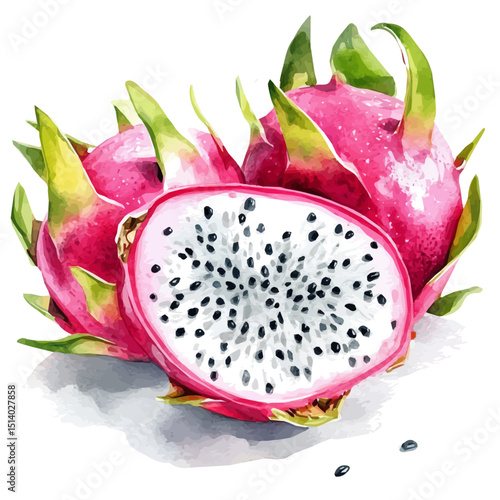 My Watercolor illustration sliced dragon fruit painting isolated on a white background, illustration, AI painting design, vector illustration set, eps format, painting