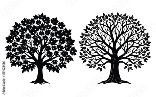 Winter nature vector illustration set of tree silhouettes shows bare branches of oak and single dead plant.