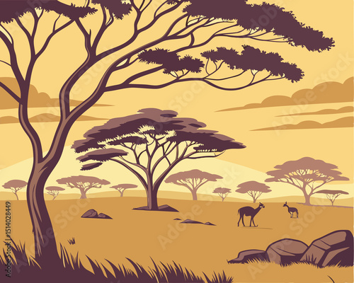 Canvas Print landscape with trees and animals