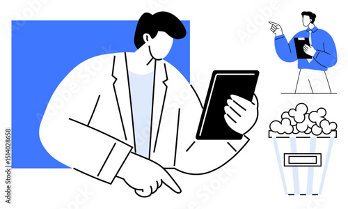 Man using tablet for work or data review, manager with clipboard giving instructions, popcorn nearby suggesting leisure. Ideal for productivity, leadership, analytics, multitasking, teamwork