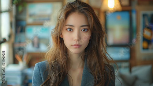 Wallpaper Mural  A working woman front view, wearing a suit, office environment, sitting in a desk. Torontodigital.ca