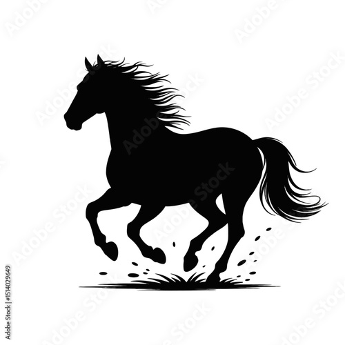 A bold silhouette captures the motion of a horse galloping with its mane flowing and hooves kicking up dir
