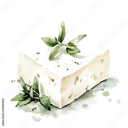 My Watercolor illustration, illustration feta cheese and mint painting isolated on a white background, illustration, AI painting design, vector illustration set, eps format	