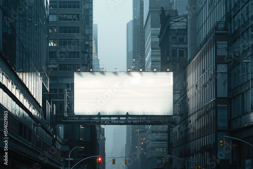 Futuristic blank billboard glowing in a cyberpunk city with skyscrapers