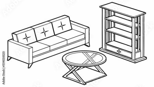Isometric view of a sofa with stars, a coffee table and a bookshelf in black outline