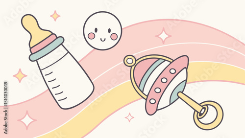Illustration of baby bottle rattle and smiling face on a pastel rainbow background design