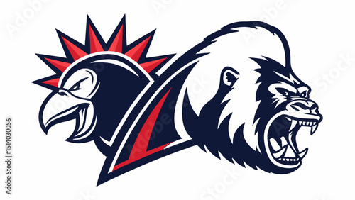 Illustration of a rooster head with a red comb and a gorilla head with open mouth side by side