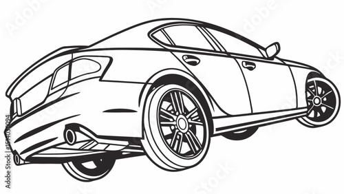 Illustration of a sleek black and white car viewed from the rear at a low angle view