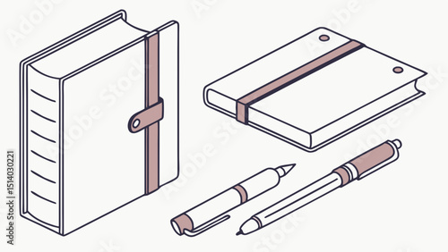 Illustration of a closed book, a notebook, and two pens on a white background surface