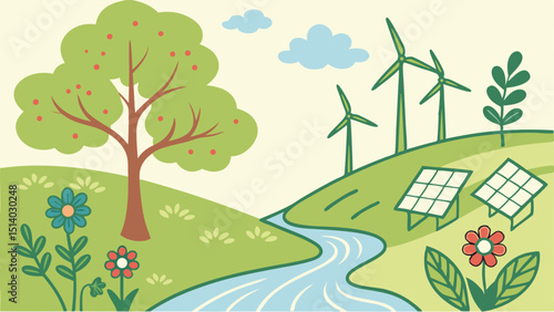 Illustration of a landscape with renewable energy sources and a winding river scene