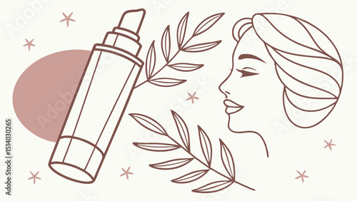 Illustration of a bottle with a woman's profile and leaves on a light background art 88