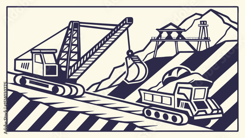 Illustration of a mining operation with a crane, truck, and mountain structure view