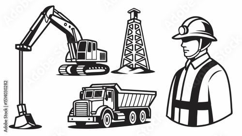 Illustration of construction vehicles including excavator derrick truck and a worker man