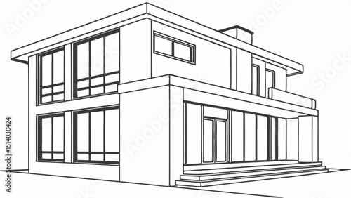 Illustration of a two story modern house with large windows and a flat roof design