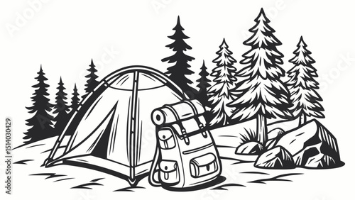Illustration of a camping scene with a tent, backpack, and pine trees in monochrome style
