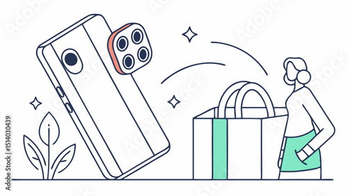 Stylized illustration of a phone falling into a shopping bag held by a woman figure