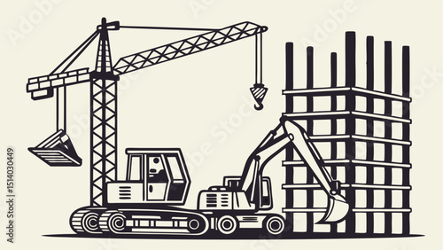 Illustration of construction site with crane excavator and building under construction