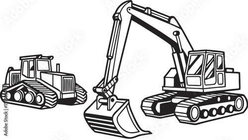 Illustration of a crawler tractor and an excavator in black and white outline style