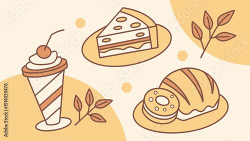 Illustration showing a milkshake, slice of cake, bread, and donut with leaf accents