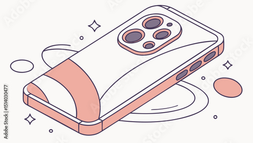 Isometric view of a modern smartphone with a unique design and lens arrangement showing