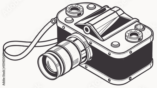 Illustration of a vintage camera with a lens and strap in black and white outline style
