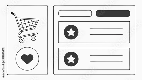 Illustration showing a shopping cart and heart icon next to a user interface design layout
