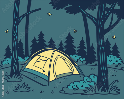 night sky above a tent in forest with stars vector