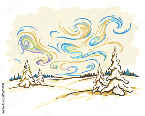 northern lights above snowy forest vector