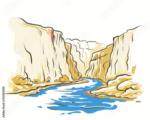 vector cliff and waterfall illustration in vector style