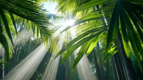 Sunlight through palm fronds green foliage tropical nature environment