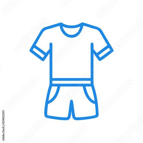 Simple blue outline of a t-shirt and shorts on a white background  
