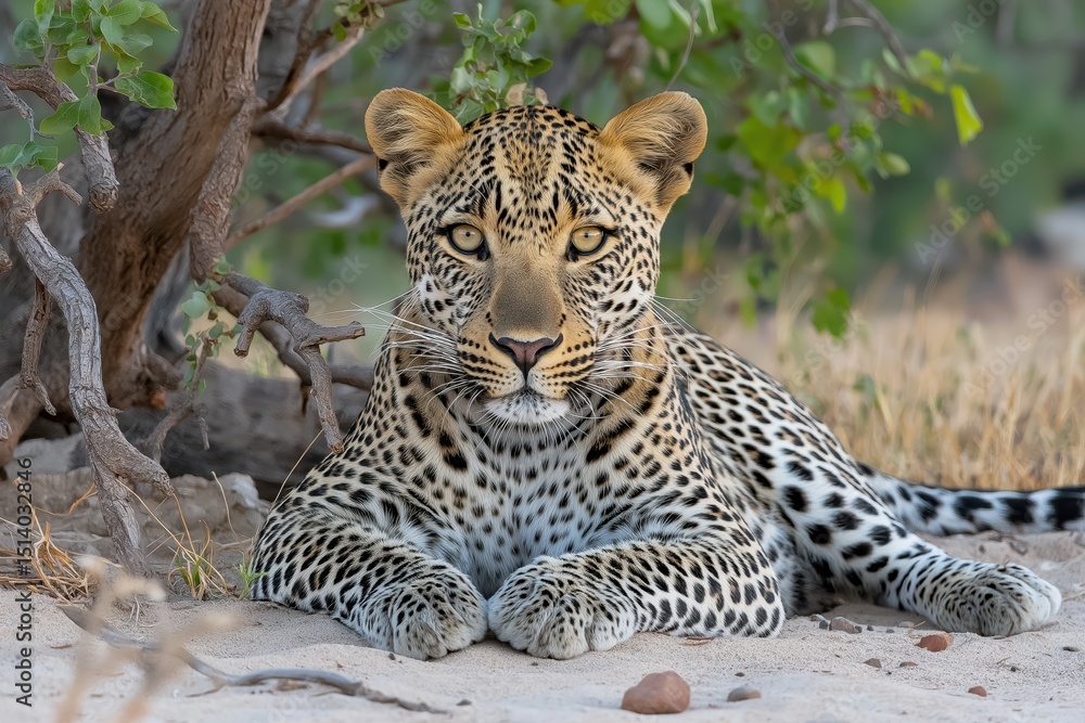 Fototapeta premium Leopard resting under a tree in the savanna during twilight hours
