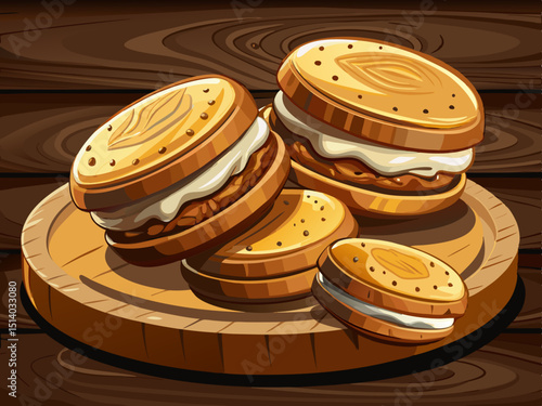vector of Crunchy sandwich biscuits with sweet and sticky creamy filling on wooden surface in dark brown containers, delicious snack.