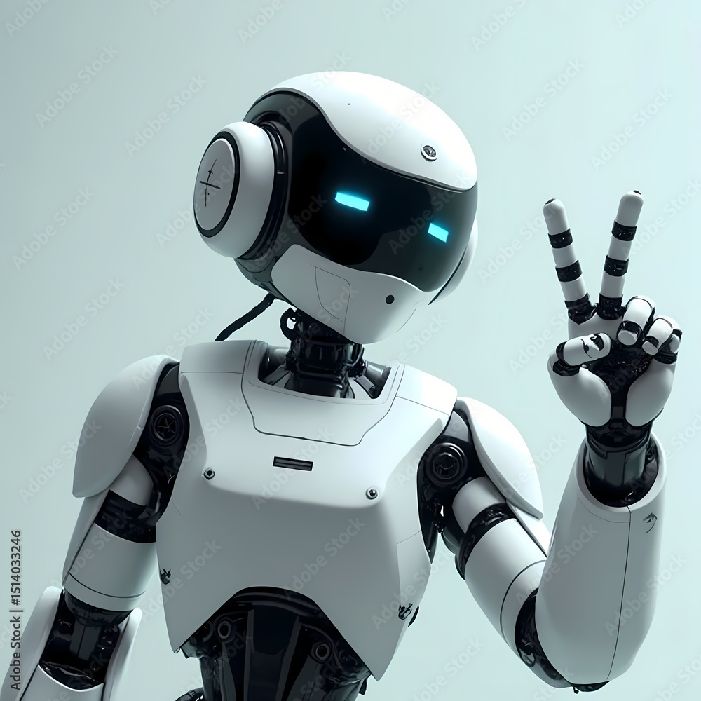 custom made wallpaper toronto digitalFuturistic humanoid robot showing peace sign with glowing blue eyes on white background
