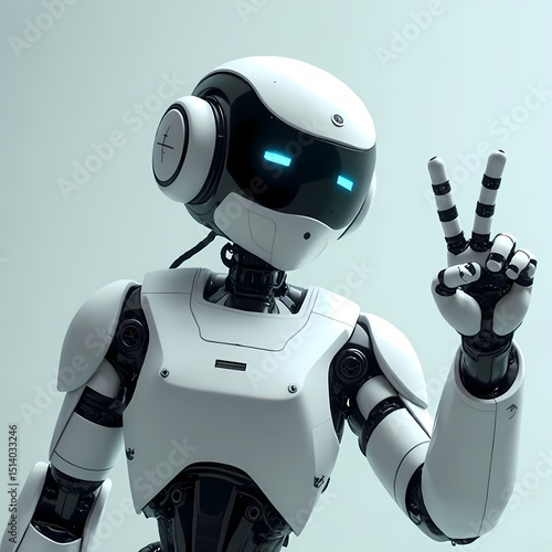 Wallpaper Mural Futuristic humanoid robot showing peace sign with glowing blue eyes on white background Torontodigital.ca