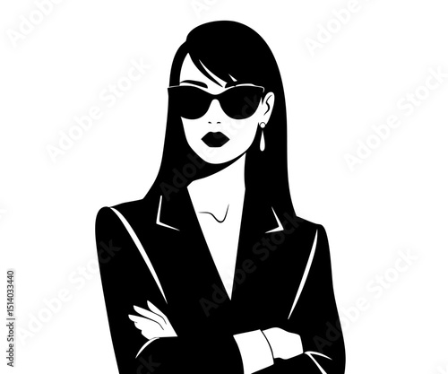 Black and white vector illustration of a confident businesswoman with dark hair and sunglasses, arms crossed. Modern professional character, chic corporate style, and strong graphic design