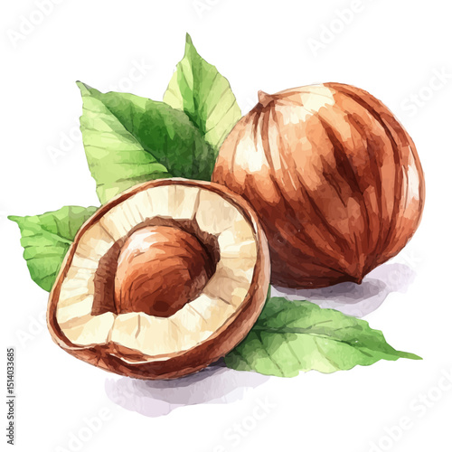 My Watercolor illustration hazelnut sliced and leaf painting isolated on a white background, illustration, AI painting design, vector illustration set, eps format	