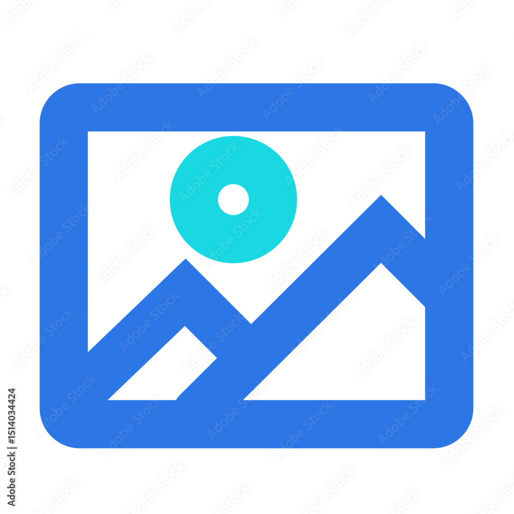 Illustration of a landscape picture with mountains and a sun inside a blue rounded rectangle frame design Illustration of a landscape picture with mountains and a sun inside a blue rounded rectangle frame design