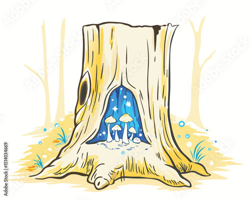 hollow tree with glowing mushrooms vector