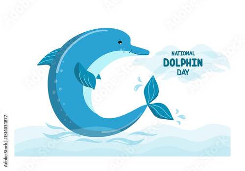 Dolphin in the water, ocean, sea. National Dolphin Day. Flat design banner, poster, flyer with hand lettering. World Aquatic Animals Day. Poster with typography about preserving the environment.