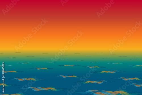 Cartoon summer vector illustration scene of abstract ocean waves under colorful sunset sky. Tropical seascape background in gradient. For summertime, beach, vacations, and outdoor concept design.