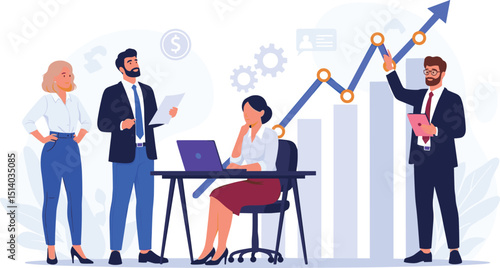Business Planning Concept. Contemporary flat style vector illustration of a man in a business suit presenting a strategy to a group of colleagues with 